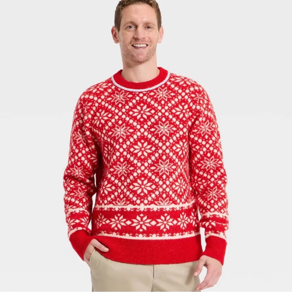 Goodfellow & Co Red Snowflake Pattern Crewneck Sweater - Men's Multiple Sizes